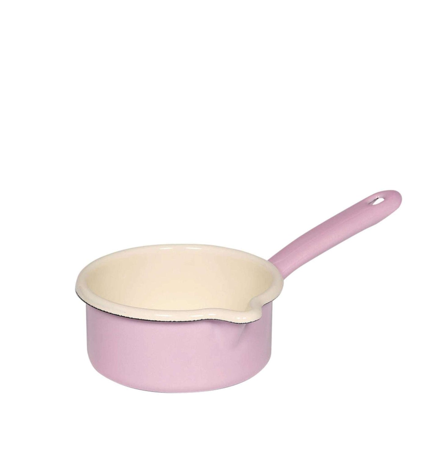 KLEINE STIELKASSEROLLE MIT GROSSEM AUSGUSS AUS EMAILLE.